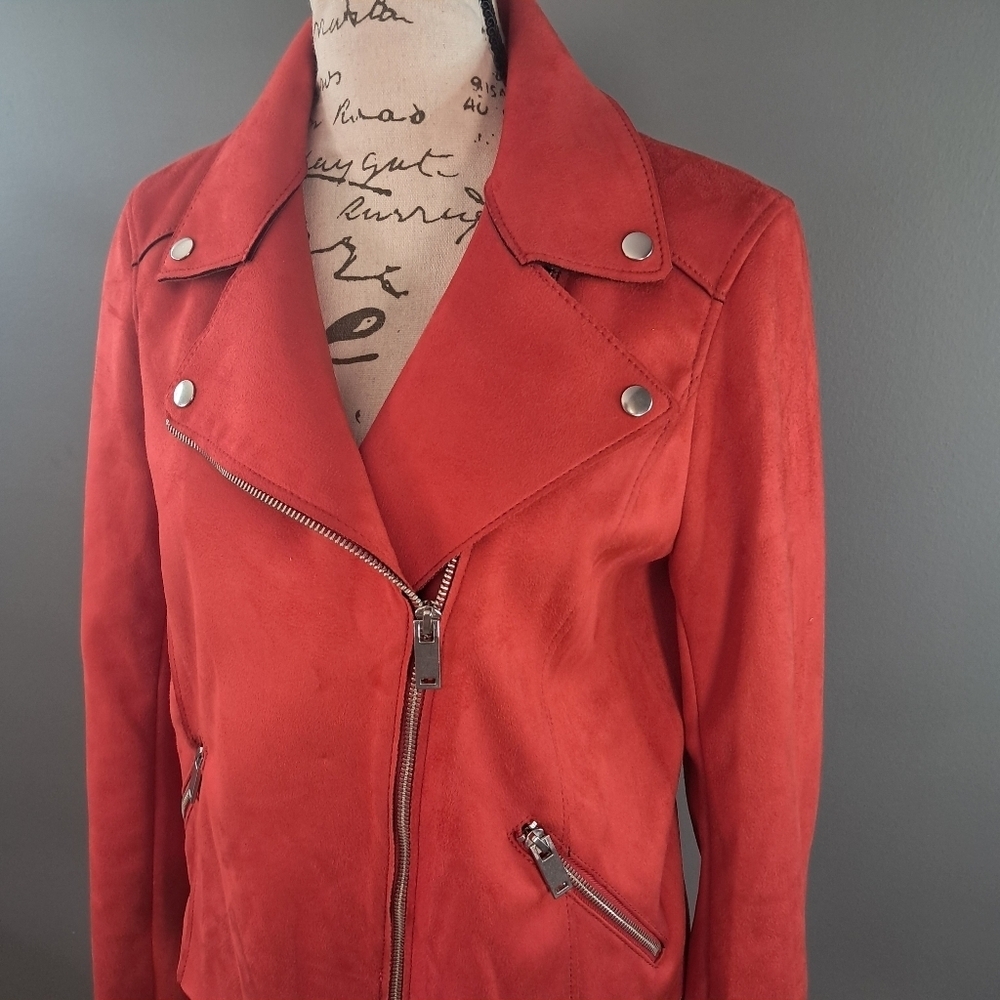 H&M Red Faux-Suede Moto Full-Zip Jacket Size 6 - Picture 3 of 8